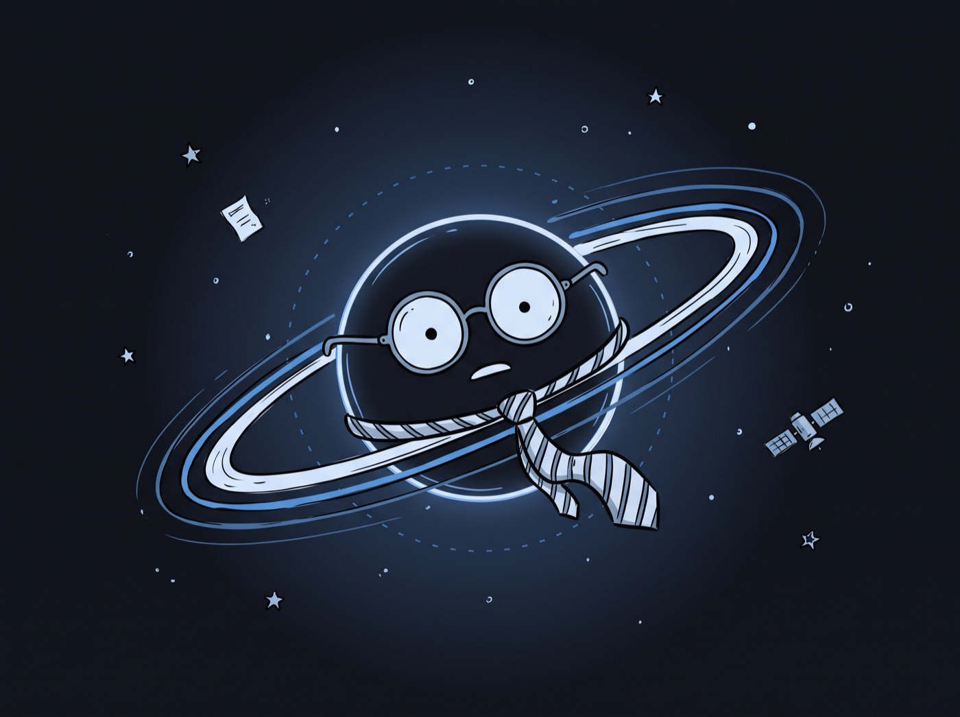 A curious ringed planet wearing round glasses and a striped scarf, surrounded by stars and a satellite.